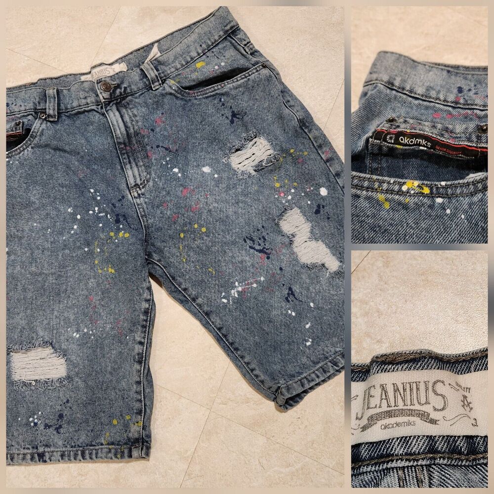 VTG‎ Y2K Akademiks Jeanius Mens Size 38 Blue Denim Jeans Shorts Jorts Streetwear